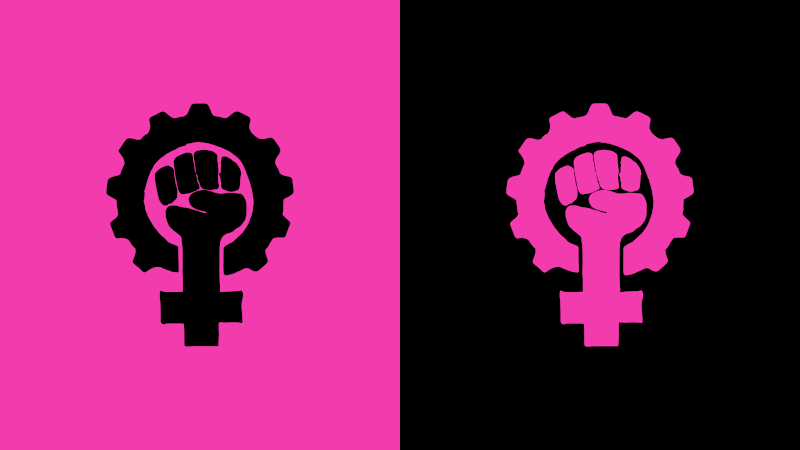 Feminist Technoscience Logos, one time black on magenta, one time magenta on black, the logo itself depicting a fist inside a cog wheel, overall resembling a feminist/female symbol